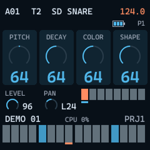 Main screen: A01 T2 SD SNARE 124.0, four knob cards, LEVEL 96, PAN L24, eight page boxes, DEMO 01, CPU 0%, PRJ1, sixteen trigs