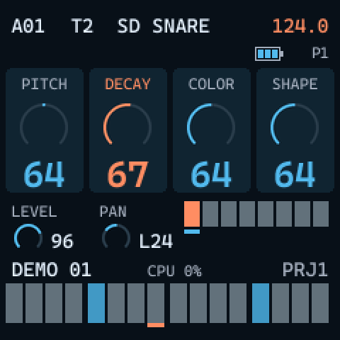 The DECAY card in orange showing 67 while the knob is turned