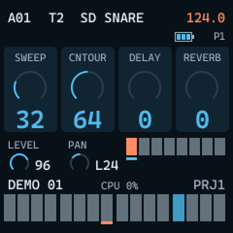 ENV row cards: SWEEP 32, CNTOUR 64, DELAY 0, REVERB 0