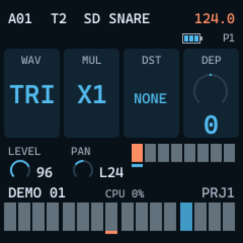 LFO row cards: WAV TRI, MUL X1, DST NONE, DEP 0