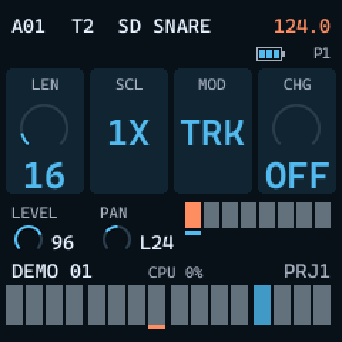 SCALE menu cards: LEN 16, SCL 1X, MOD TRK, CHG OFF