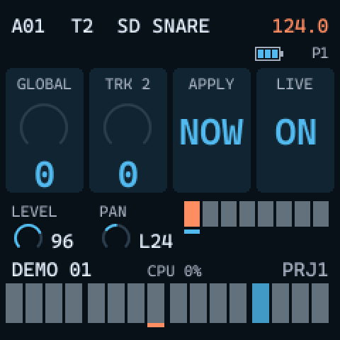 QUANTIZE menu cards: GLOBAL 0, TRK 2 0, APPLY NOW, LIVE ON