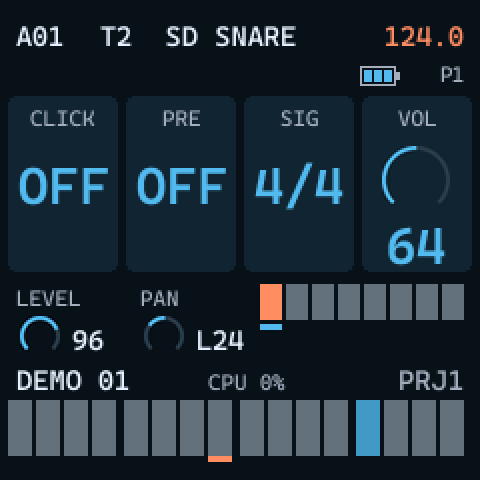 CLICK menu cards: CLICK OFF, PRE OFF, SIG 4/4, VOL 64
