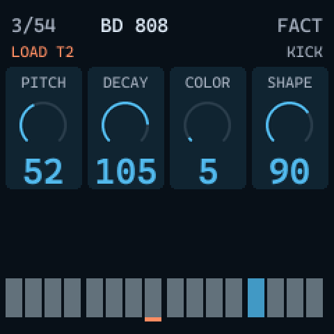 PRESET menu: 3/54 BD 808 FACT, LOAD T2, KICK, cards PITCH 52 DECAY 105 COLOR 5 SHAPE 90