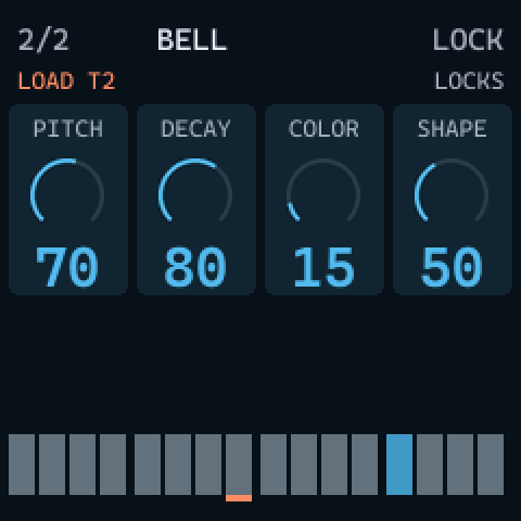 LOCKS list: 2/2 BELL LOCK, LOAD T2, cards PITCH 70 DECAY 80 COLOR 15 SHAPE 50