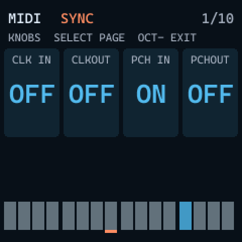 MIDI menu page SYNC 1/10: CLK IN OFF, CLKOUT OFF, PCH IN ON, PCHOUT OFF