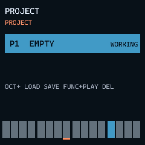 PROJECT menu: P1 EMPTY WORKING, OCT+ LOAD SAVE FUNC+PLAY DEL