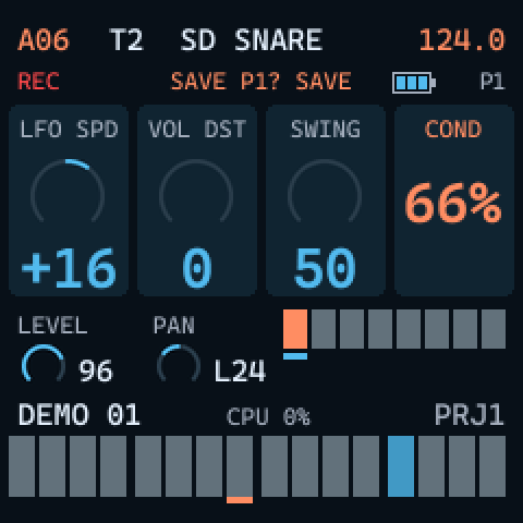 EDIT row with a trig held: LFO SPD +16, VOL DST 0, SWING 50 and the fourth card COND 66% in orange
