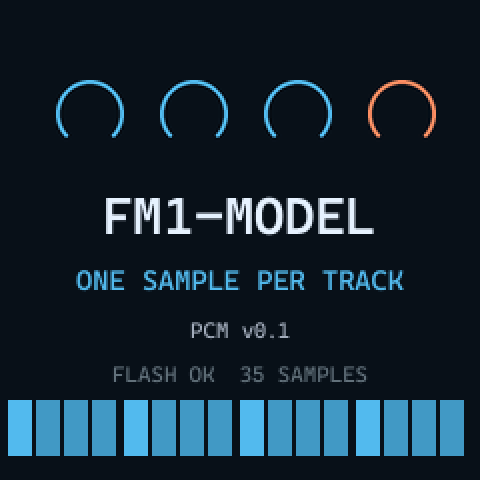 PCM splash: ONE SAMPLE PER TRACK, PCM v0.1, FLASH OK 35 SAMPLES, sixteen lit trig boxes