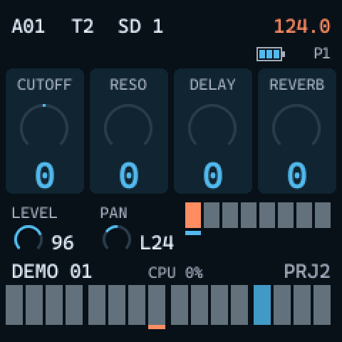 PCM ENV row: CUTOFF 0, RESO 0, DELAY 0, REVERB 0